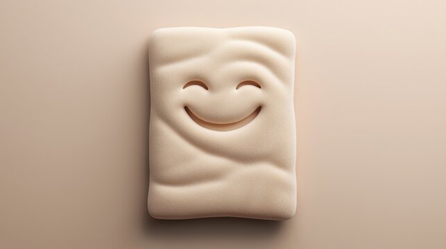 Rectangular beige pillow with a smiling face, soft texture on a neutral background, simple and playful design concept