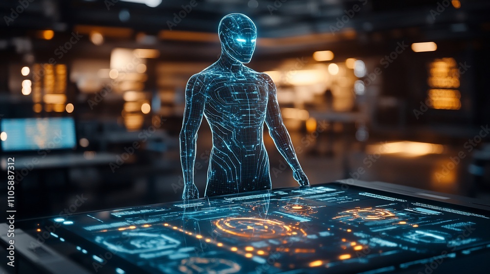 Aufkleber Futuristic humanoid robot interacting with a holographic interface in a high-tech laboratory.