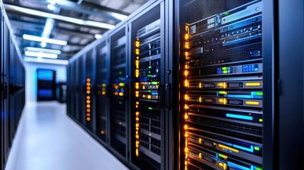 Naklejka premium Data Center Interior with Server Racks and Illuminated Technology