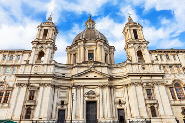 Front facade of the church of Sant'Agnese in Agone at  Piazza Navona square in sunny day, Rome, Italy.