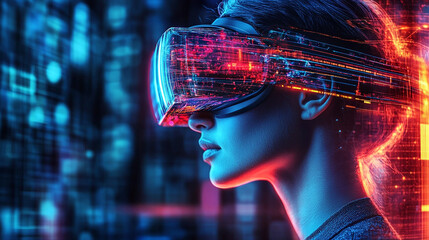 Abstract graphics blend with holographic designs to signify technological advancement.