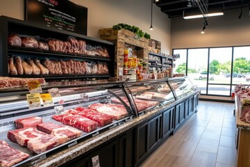 Fresh Meat Display in a Modern Butcher Shop Featuring Various Cuts, Bright Lighting, and Organized Shelves to Attract Customers and Enhance Shopping Experience