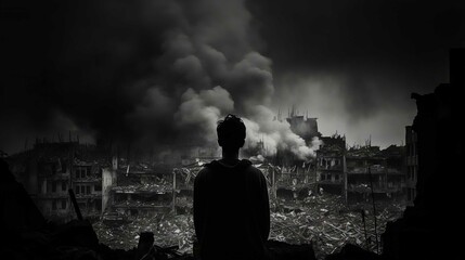 Urban Woman Silhouette Against Smoky Skyline and Mountain Landscape at Night