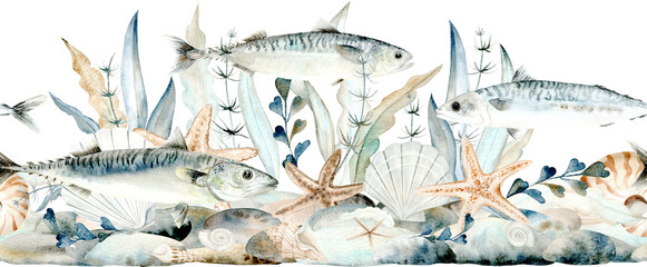 Seamless border of sea shells, pebbles and seaweed watercolor pattern. Hand-painted Atlantic mackerel and pebbles for nautical and seaside designs in monochromatic pastel colors