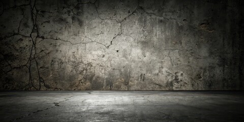 A dimly lit, grunge-style interior scene featuring a cracked concrete wall and floor