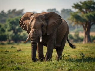 Obraz premium Cute elephant walking in a safari park meadow.