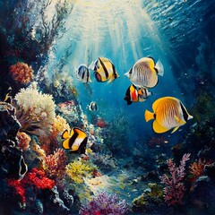 Fototapeta premium Diverse coral reef ecosystem supporting vibrant tropical fish communities