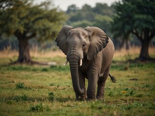 Cute elephant walking in a safari park meadow.