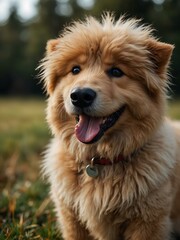 Cute fluffy dog smiling for the camera.