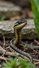Fototapeta premium Cute garter snake in Benezette, PA backyard.