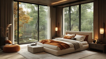 Obraz premium Serene Bedroom Design Featuring Natural Light and Autumnal Views