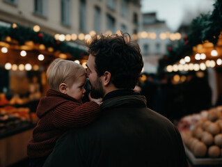 Fototapeta premium A loving father carrying his child at a bustling outdoor holiday market, surrounded by festive lights and cozy atmosphere. 