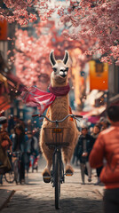 Enjoy the whimsical sight of a llama sporting a scarf, joyfully riding a bicycle through a vibrant street lined with cherry blossoms and bustling pedestrians.