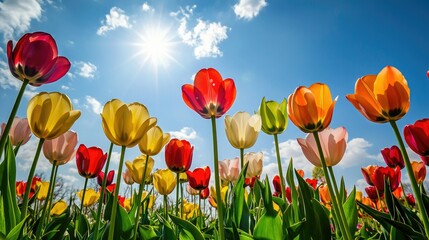 Fototapeta premium Bright tulip field in multiple colors, stretching under a blue spring sky 