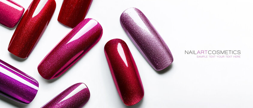 Vibrant nail art design with shiny color samples displayed
