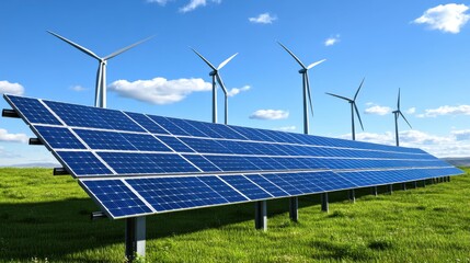 Solar Panels in Green Field with Wind Turbines Against Clear Blue Sky, Showcasing Renewable Energy Solutions Blending Solar and Wind Power Technologies