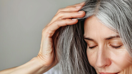 Fototapeta premium Woman's head with strands of gray hair starting to appear. Stress about aging process and transition to gray hair. Acceptance of gray hair as a part of life's journey. Hair coloring in salon