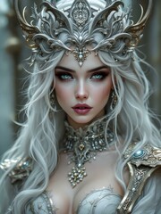 Fototapeta premium fantasy portrait of a celestial queen with ethereal beauty and an aura of divine power. She is adorned with a breathtakingly intricate crown resembling silver filigree intertwined with golden horns