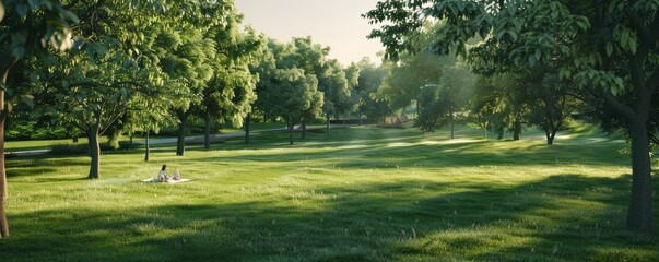 Obraz premium Sunlit park with vibrant green grass and trees.