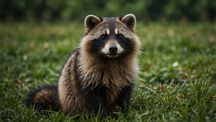 Obraz premium Cute raccoon dog sitting in green grass.