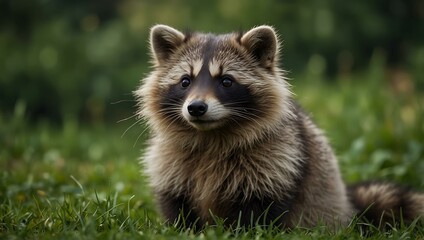 Obraz premium Cute raccoon dog sitting in green grass.