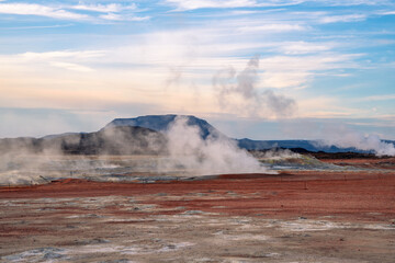 Hverir, Icelandic Hverarond, is a geothermal area in Myvatn. Hverir is near lake Myvatn, Krafla, northeastern region of Iceland, Europe.