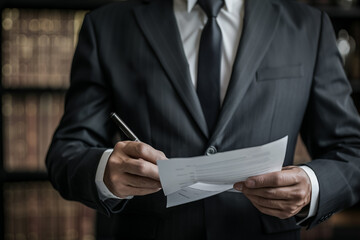 A lawyer is holding a paper and pen.
