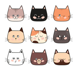 Set of cat faces with emotions. Cat faces of different breeds. Vector illustration.