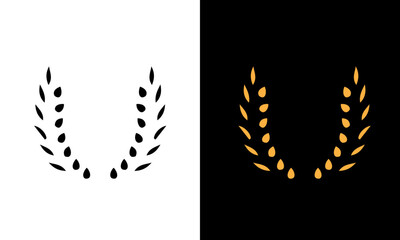 Golden and black laurel silhoutte wreath vector. Trophy, award, champion, competition concept badge, golden branch with leaves. Black circular foliate laurels with stars icon vector