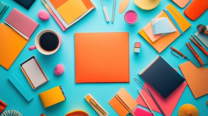 Colorful Stationery and Coffee on a Blue Background