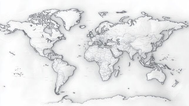 Fototapeta A grayscale world map with embossed effect, showing all continents and countries.