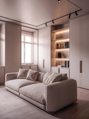 Fototapeta premium Spacious living room with high ceilings elegant finishes and a functional yet stylish layout.