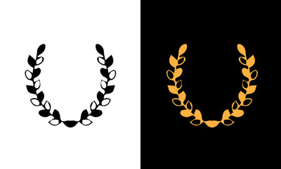 Golden and black laurel silhoutte wreath vector. Trophy, award, champion, competition concept badge, golden branch with leaves. Black circular foliate laurels with stars icon vector