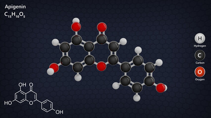 Molecule: Apigenin. Molecular structure. Formula: C15H10O5. Chemical model: Ball and stick. Dark background. 3D illustration.