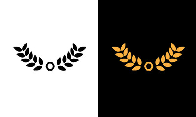 Golden and black laurel silhoutte wreath vector. Trophy, award, champion, competition concept badge, golden branch with leaves. Black circular foliate laurels with stars icon vector