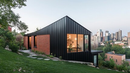 Naklejka premium Modern architectural design of a sleek black and brick house on a hillside overlooking a city skyline with clear skies, showcasing contemporary urban living in harmony with nature.