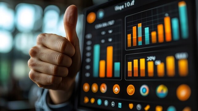 Business Customer Service Agent Giving Thumbs Up on Video Call with Digital Analytics Dashboard