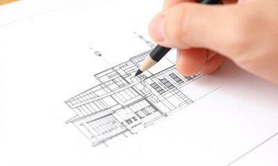 A close-up ink sketch of a building plan drawn meticulously by hand with a pencil