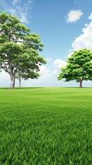 Fototapeta premium lush green artificial grass field with few trees , nature background, park, garden, landscape