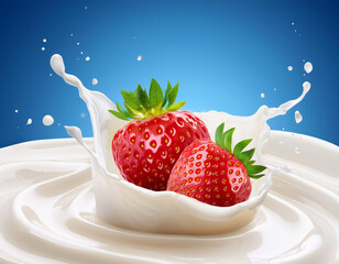 Strawberry in milk or yoghurt cream splash. Vector 3d strawberry fruit falling into