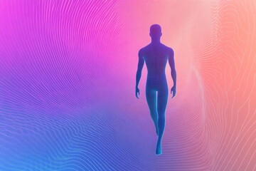 Obraz premium Abstract representation of a silhouette walking towards a colorful gradient background, symbolizing journey, exploration, and human experience in a digital art style