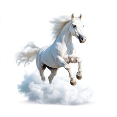 Obraz premium Majestic White Horse Galloping Through Soft Clouds with Graceful Mane Flowing in the Wind Against a Clean White Background