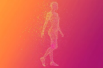 Fototapeta premium Abstract Representation of a Walking Human Figure in Colorful Particles and Wireframe Design Against a Vibrant Gradient Background for Creative Concepts