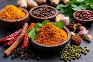 Colorful Spices and Herbs Displayed on a Dark Table Surface