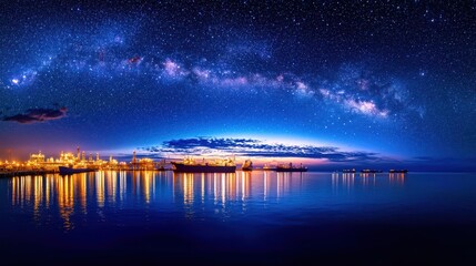 Stunning night sky over a shimmering cityscape reflection.