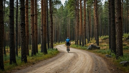 Obraz premium Cyclist riding on a gravel road through a pine forest.
