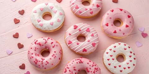 Sweetheart Donuts A Delightful Collection of Pink and White Glazed Donuts Decorated with Hearts for Valentine's Day