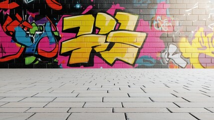 Vibrant Urban Graffiti Mural on Brick Wall with Colorful Patterns