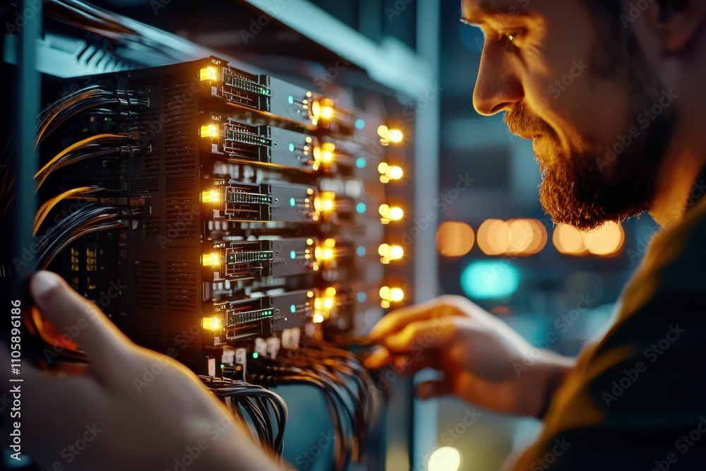 Poster IT Technician Working with Server Rack in Data Center Environment