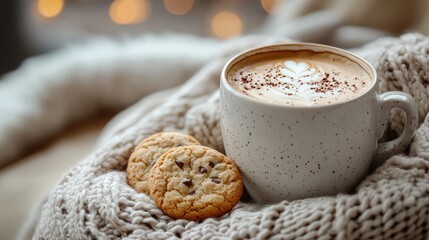 Warm cup of cappuccino with chocolate chip cookies on cozy knitted blanket